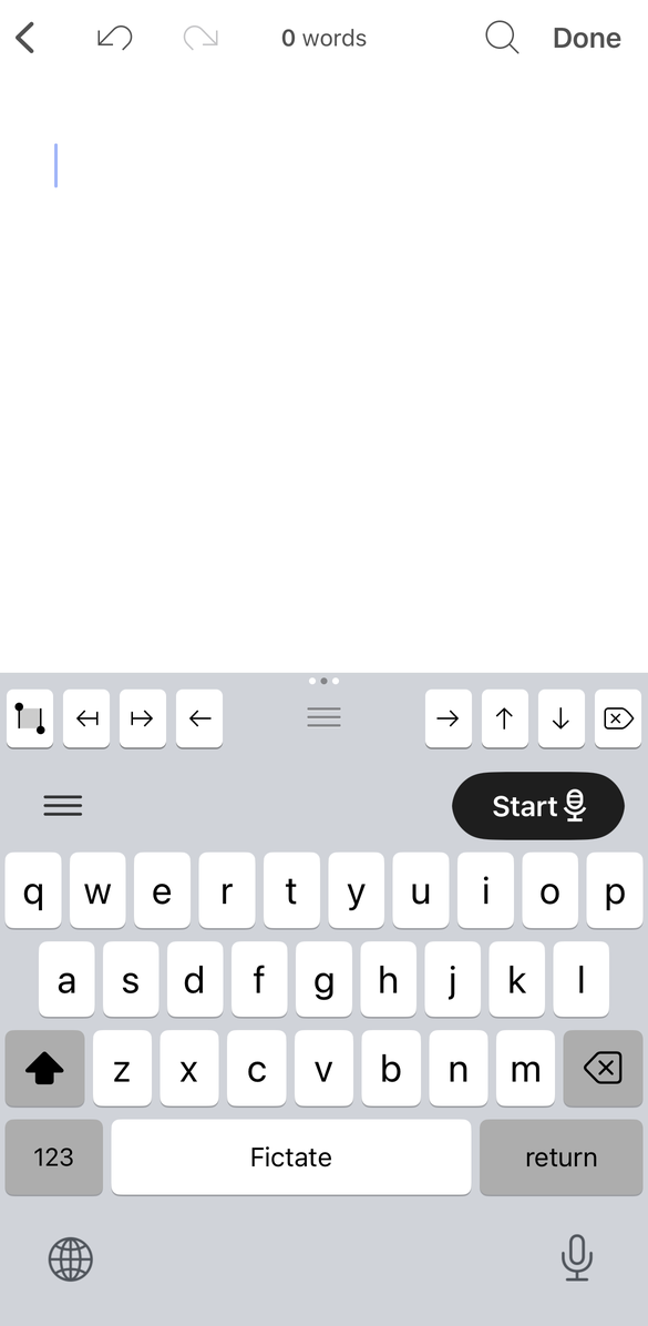 A writing app with the Fictate Anywhere keyboard active and its Start button ready