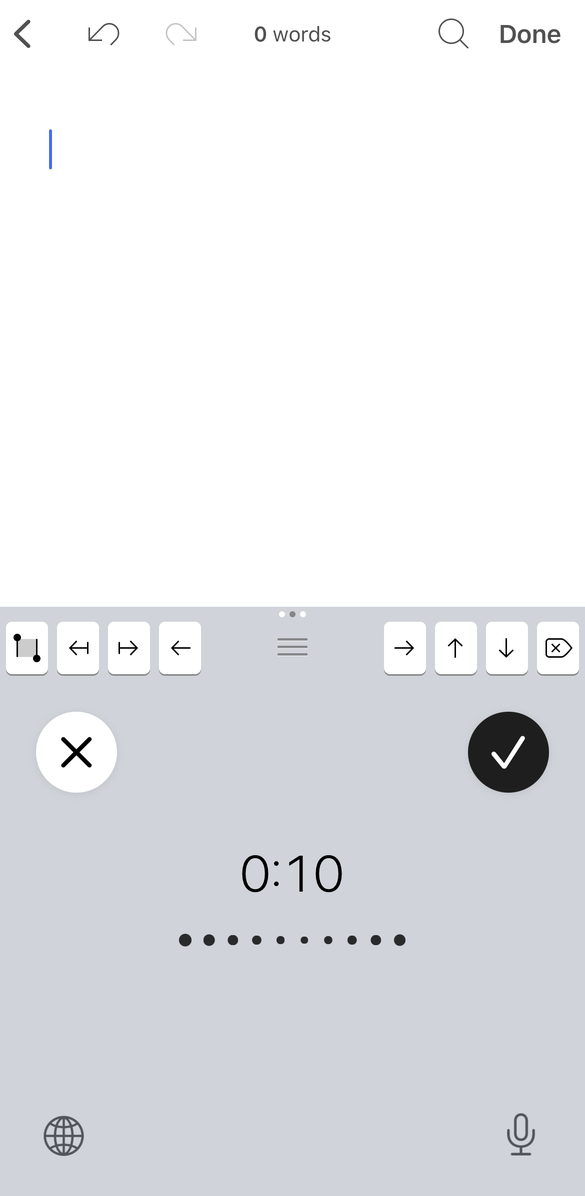 Fictate Anywhere recording, showing a running timer inside the writing app