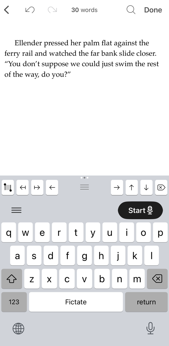 A dictated scene written directly into a writing app, showing a thirty word count