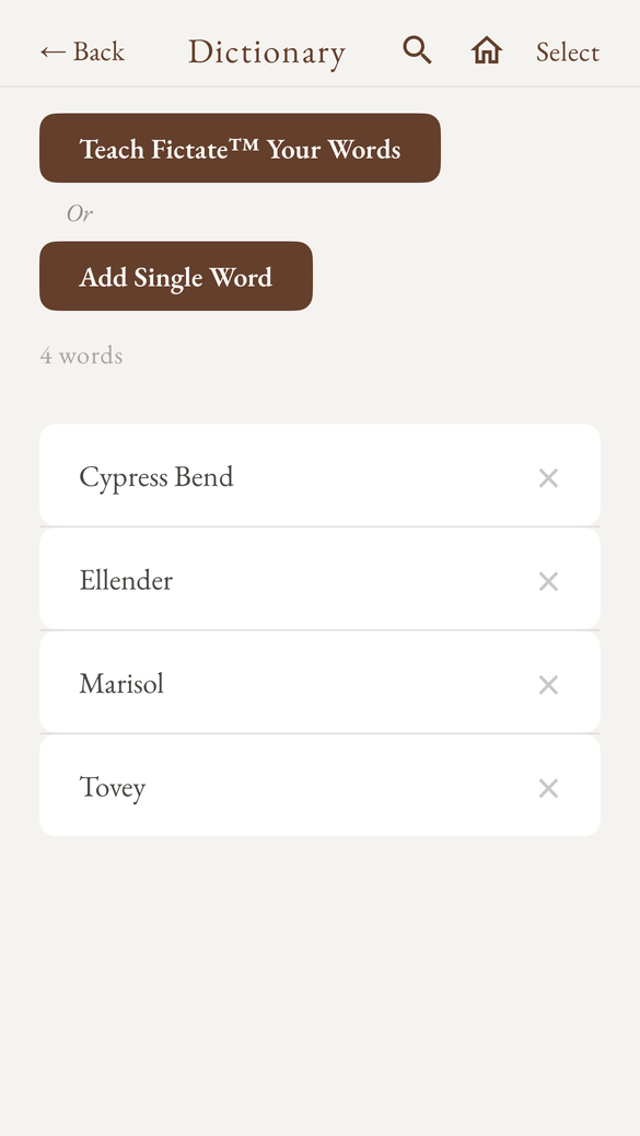 The Fictate dictionary showing learned words: Cypress Bend, Ellender, Marisol, Tovey