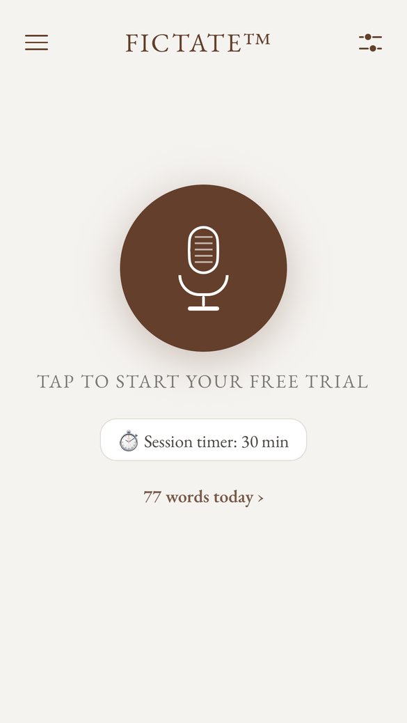 The Fictate home screen with the record button, session timer, and daily word count
