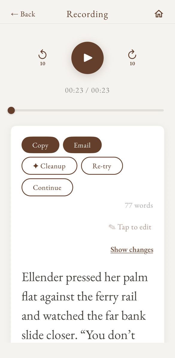 A Fictate transcript with playback controls and the Copy, Email, Cleanup, Re-try, and Continue buttons