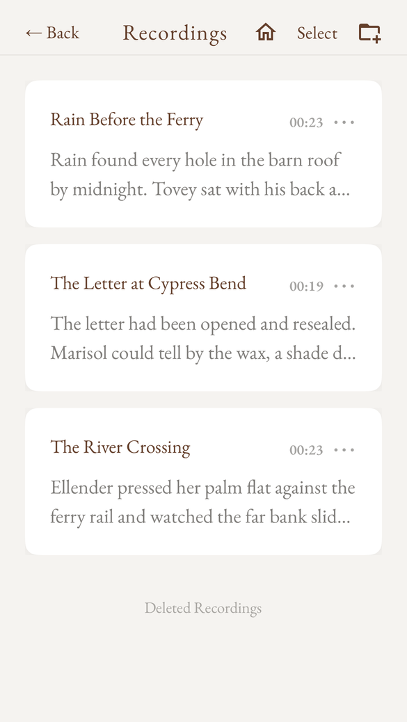 The Recordings library listing three dictated scenes with their opening lines