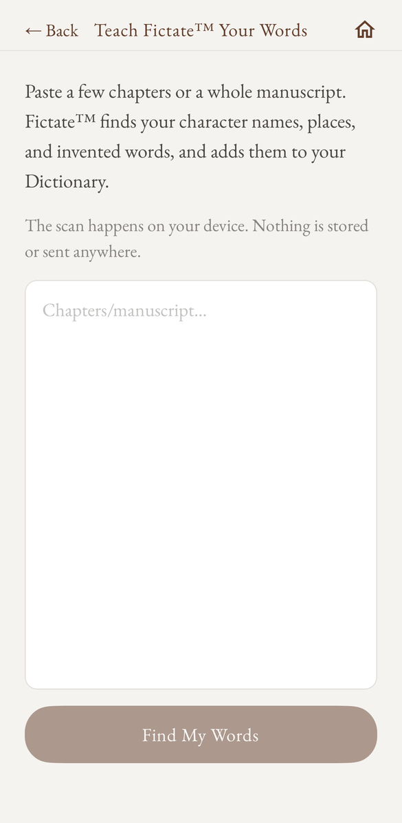 The Teach Fictate Your Words screen with a box to paste chapters and a Find My Words button