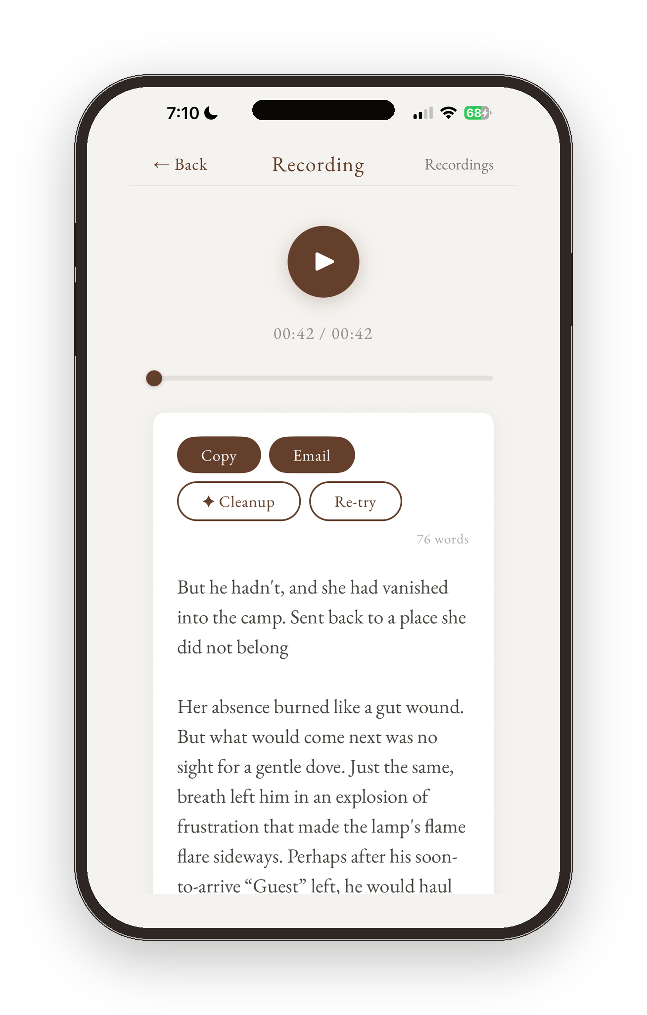Fictate running on a phone, showing a clean fiction transcript