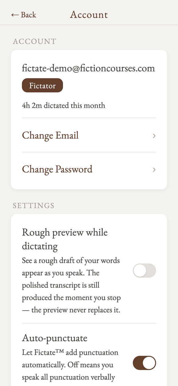 Account and Settings showing the Auto-punctuate toggle