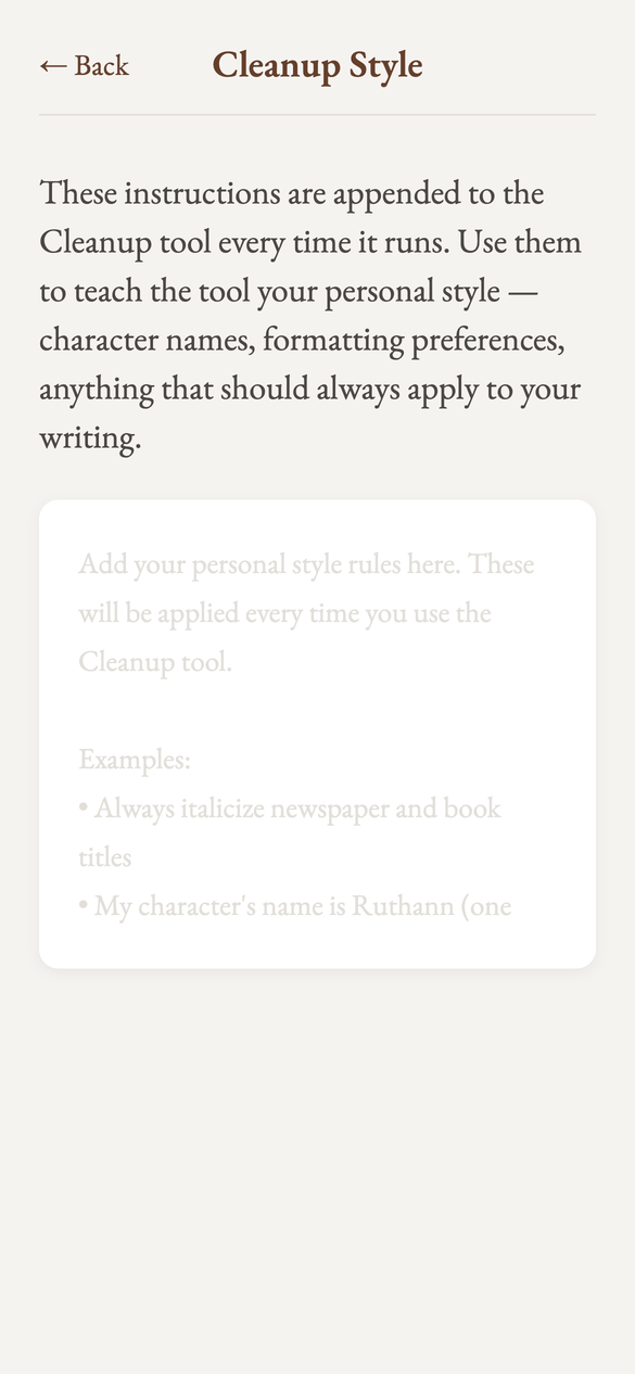 The Cleanup Style screen where you write your own formatting instructions