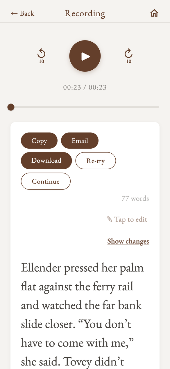 A finished transcript with the Copy and Email actions