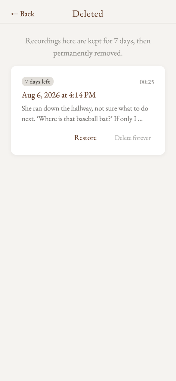 The Deleted Recordings screen for recovering a deleted session