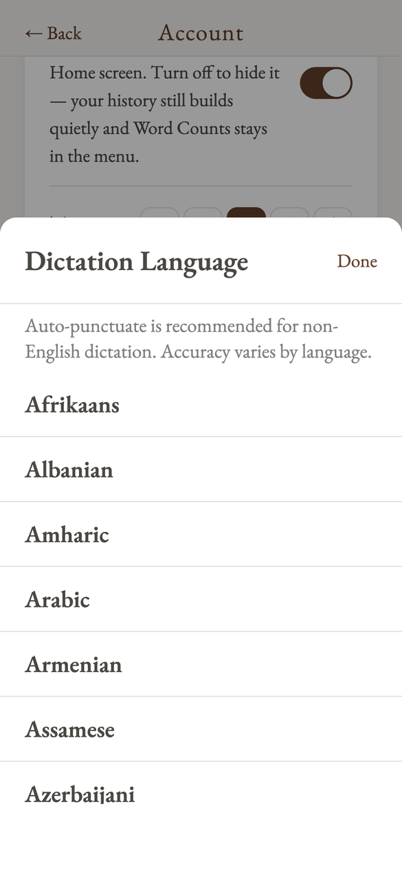 The Dictation Language picker open