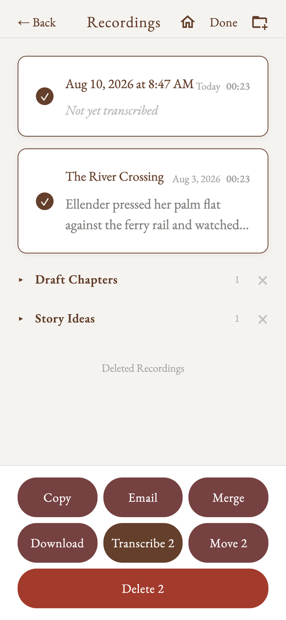 Select mode in the Recordings library with two recordings checked to merge