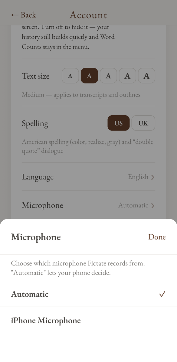The Microphone picker open, showing Automatic selected and iPhone Microphone below it