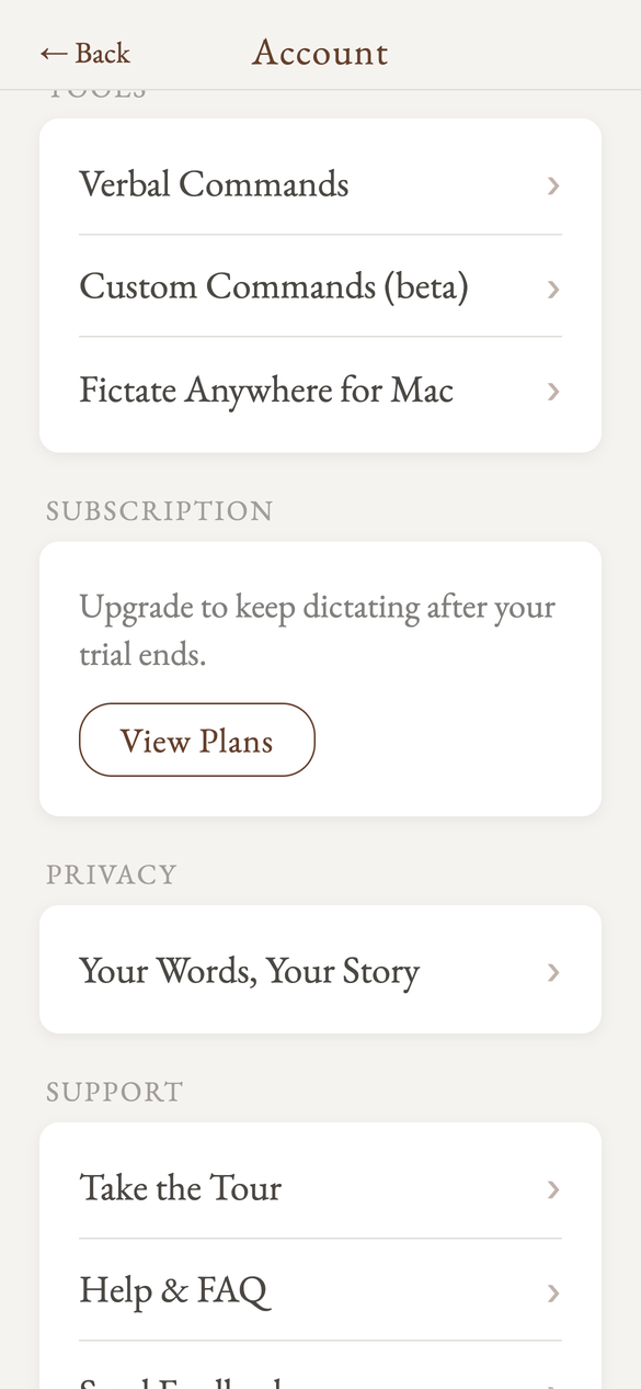 The Account screen with the View Plans button