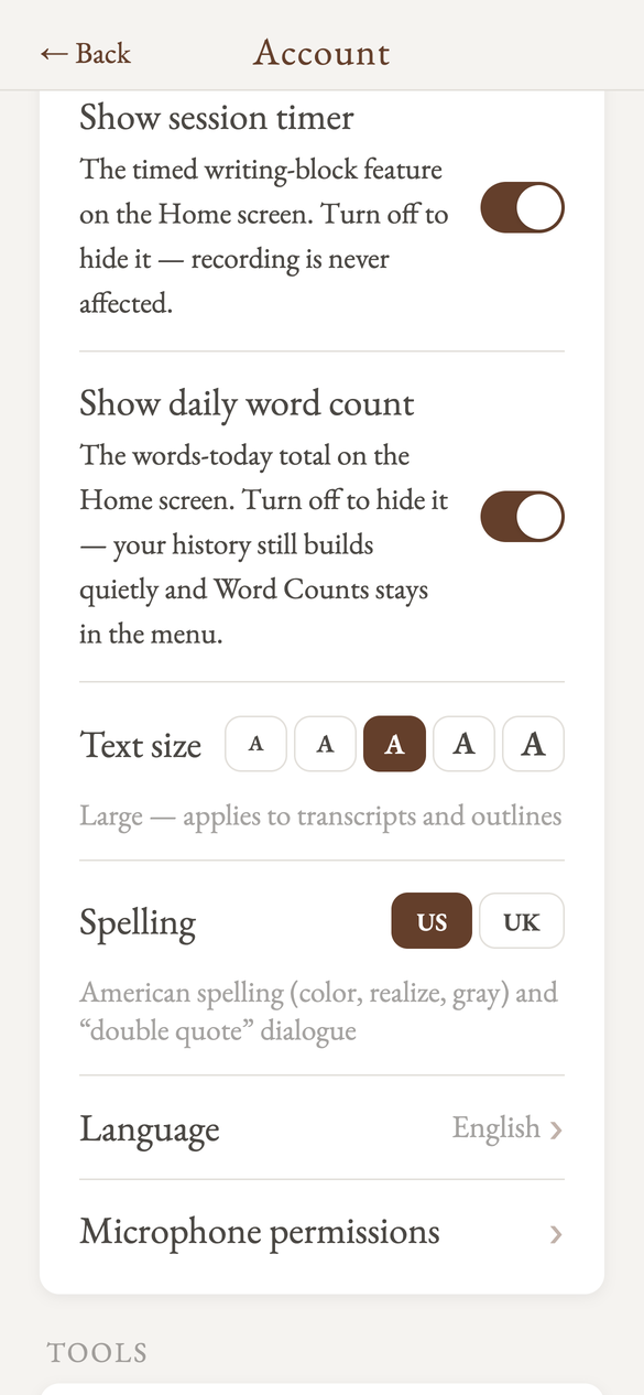 The Text size setting with five sizes to choose from