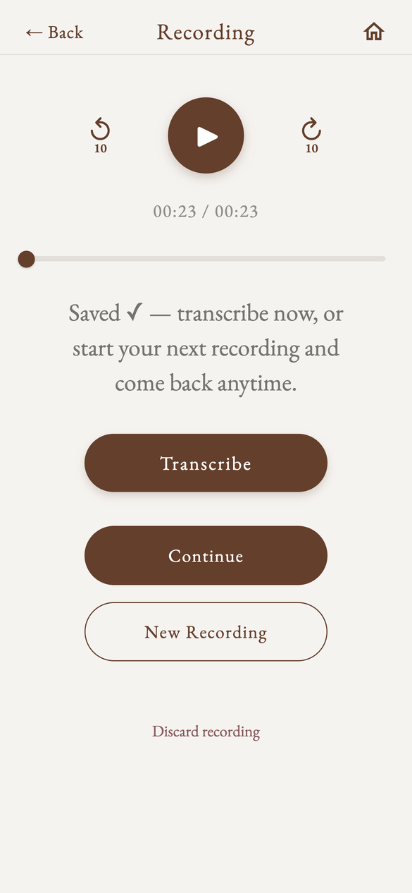A finished recording in Fictate with the Transcribe button ready